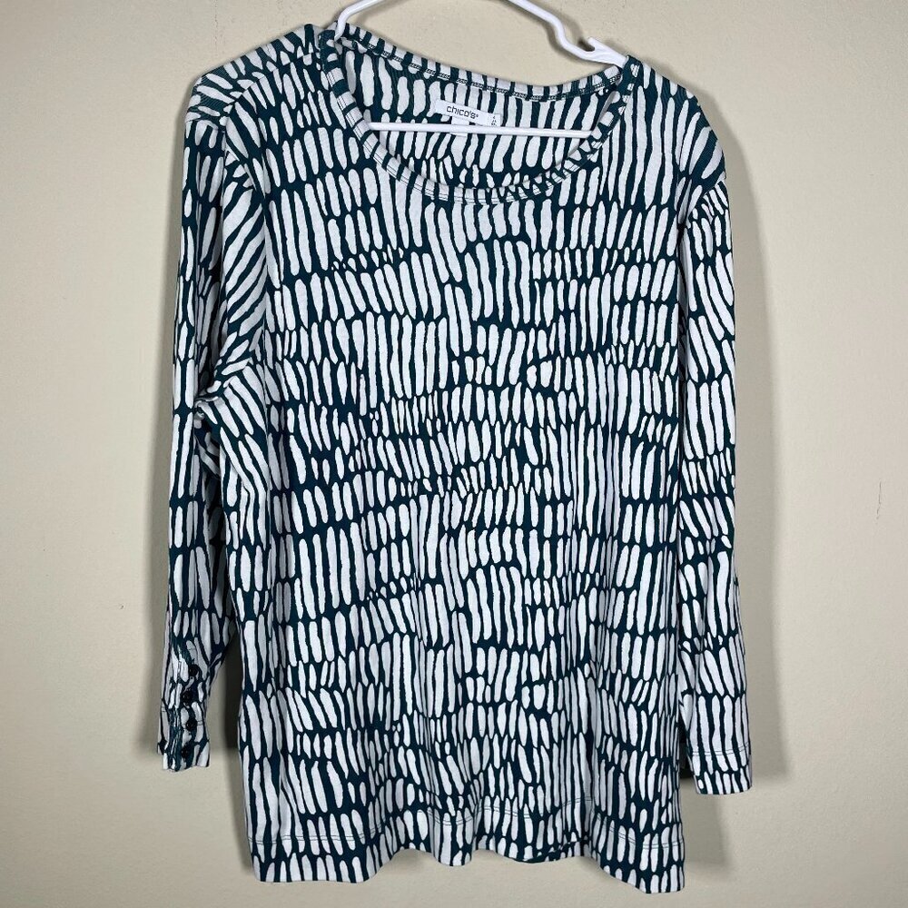 Chico's Women's Green & White Geometric Print 3/4 Sleeve Cotton Blouse XXL (4)!